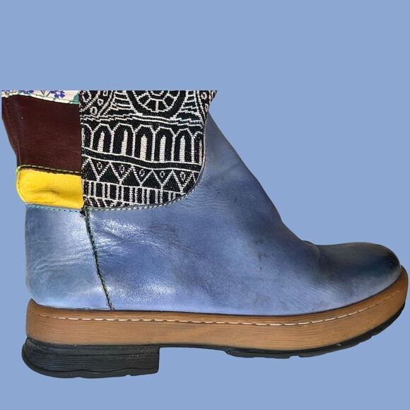Socofy Bohemian Splicing Pattern Blue Leather Side Zip Back Lace Boot Size 7 7.5 - Picture 4 of 12